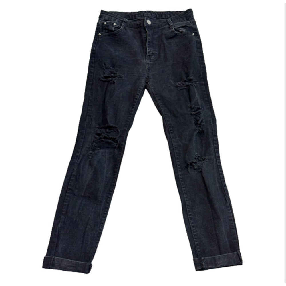 High Waisted Distressed Black Denim Jeans